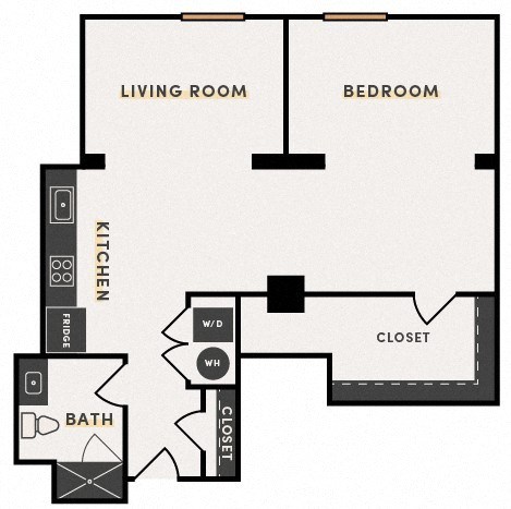 Floor plan for 1 bed, 1 bath, 842 sqft